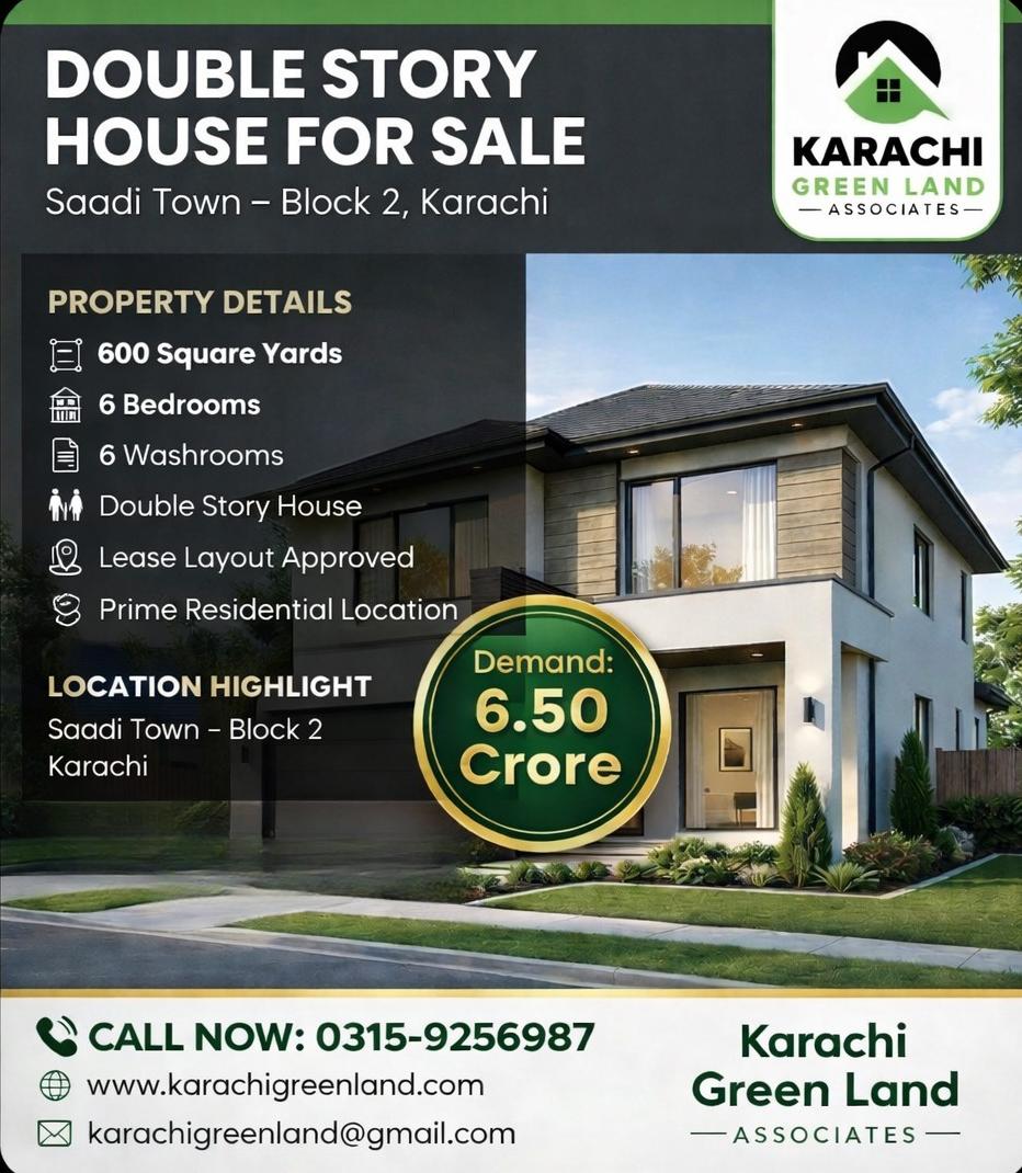 600 Sq Yards Double Story House for Sale | Saadi Town Block 2 - Image 1